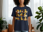 Dark navy t-shirt with a grid of cartoon dogs baking bread and making dough.