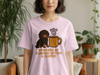 Pink t-shirt with Gordon Setter graphic and text "Powered by Gordon Setter & Coffee".