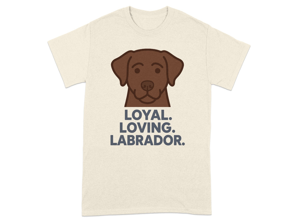 Cream t-shirt with a brown Labrador dog face and text "LOYAL. LOVING. LABRADOR."