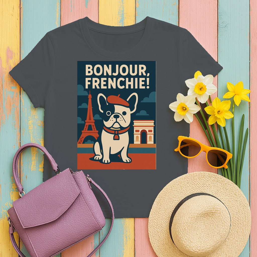 Bonjour Frenchie French Bulldog Paris T-Shirt in Charcoal