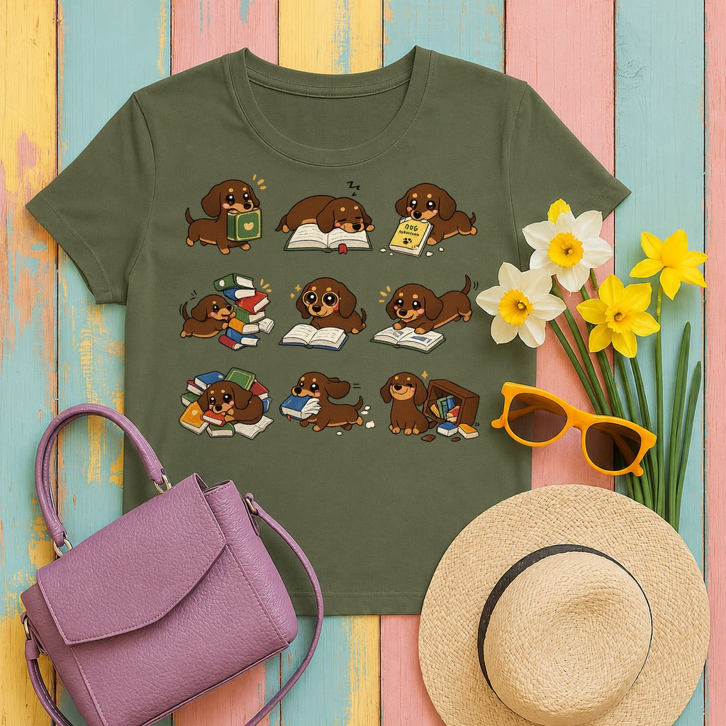 The Bookish Dachshund T-Shirt in Military Green
