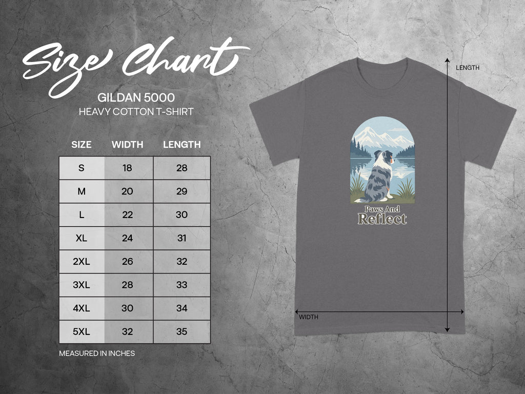 Gildan 5000 Heavy Cotton T-Shirt size chart with measurements in inches.