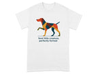 White t-shirt with a colorful, abstract dog graphic and "feral little creature, perfectly formed" text.