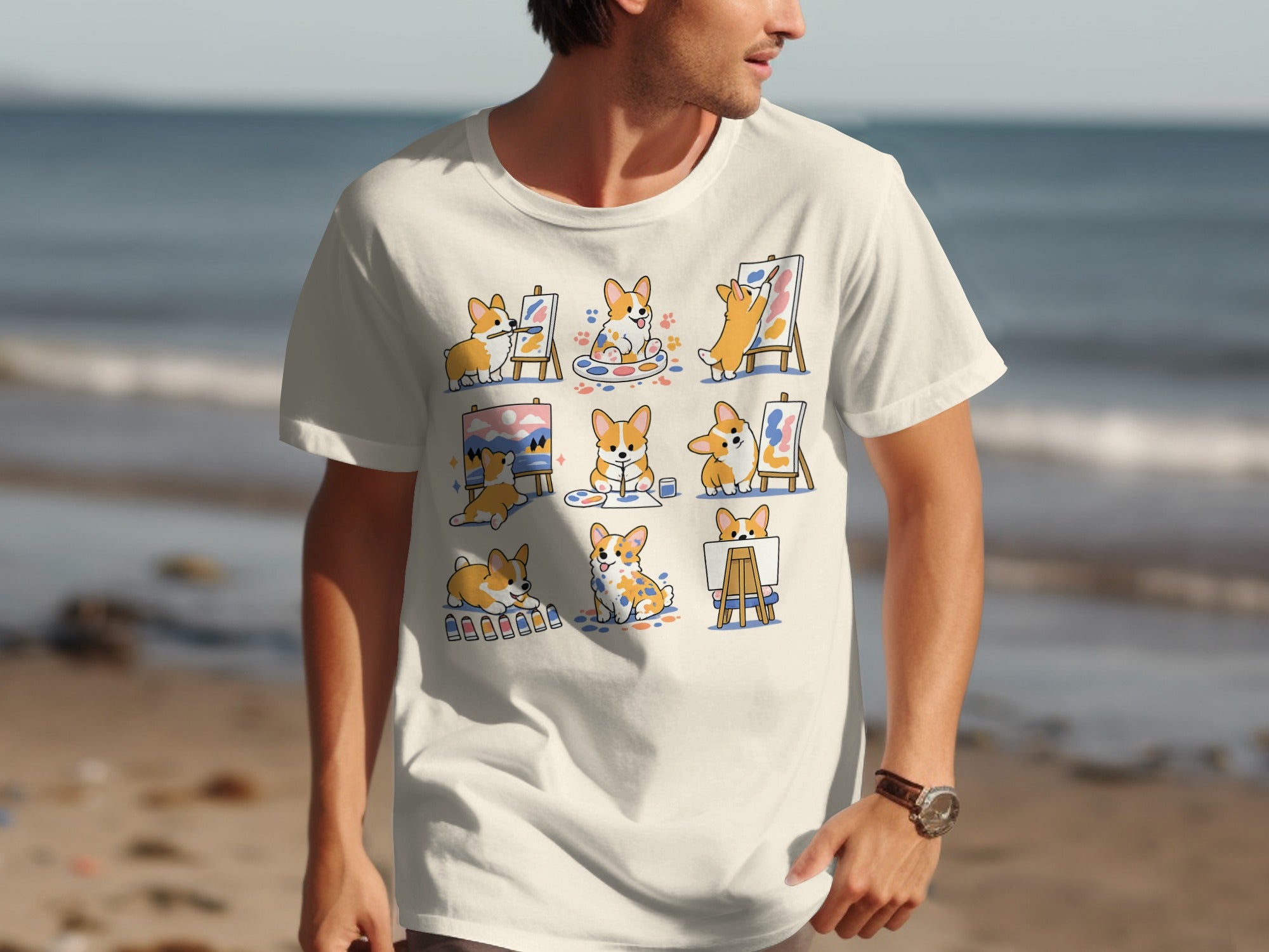 Corgis painting on easels in a collage on a t-shirt.