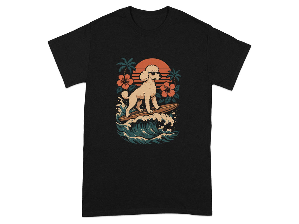Surfing Poodle Graphic T-Shirt with Beach Sunset Design