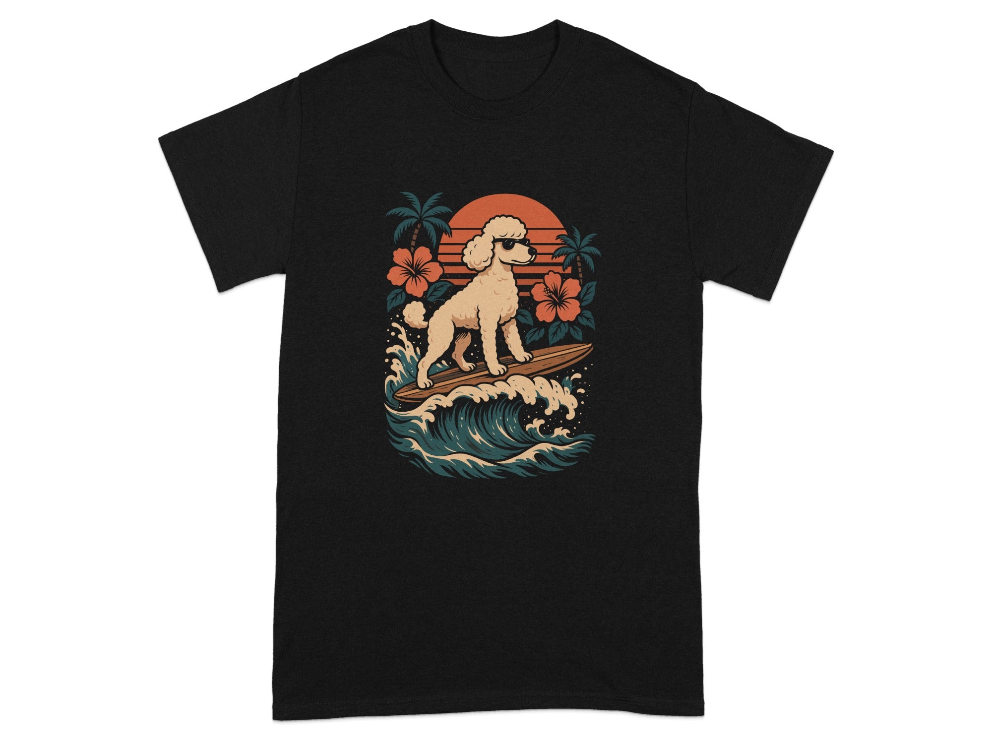 Surfing Poodle Graphic T-Shirt with Beach Sunset Design