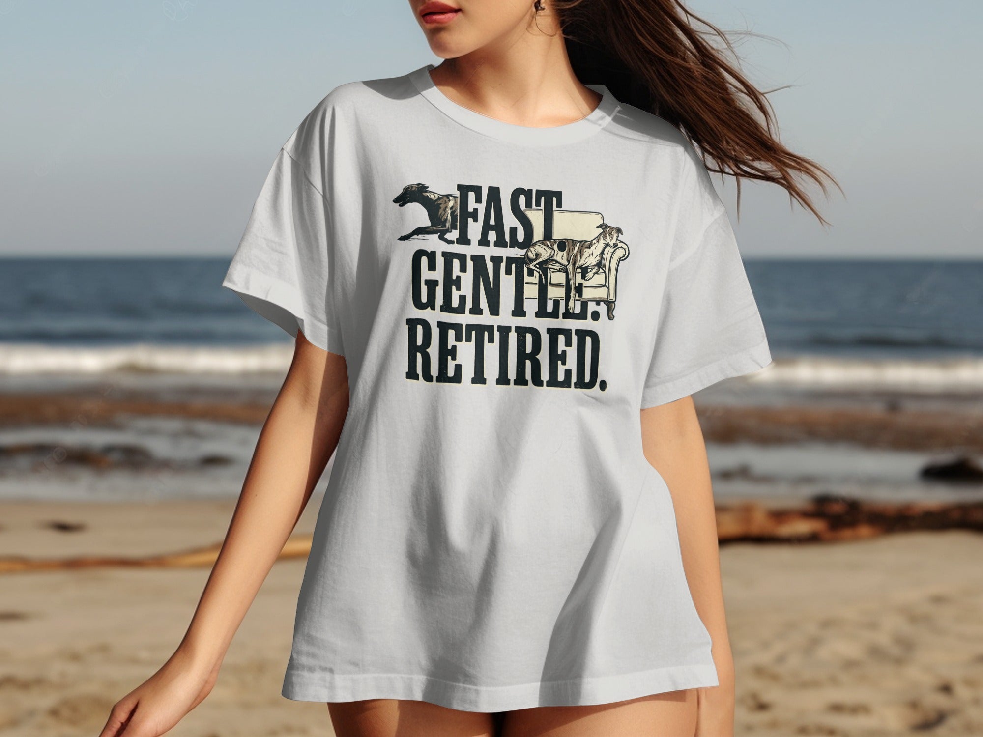 White t-shirt with "FAST. GENTLE. RETIRED." text and silhouette of a dog on a couch.