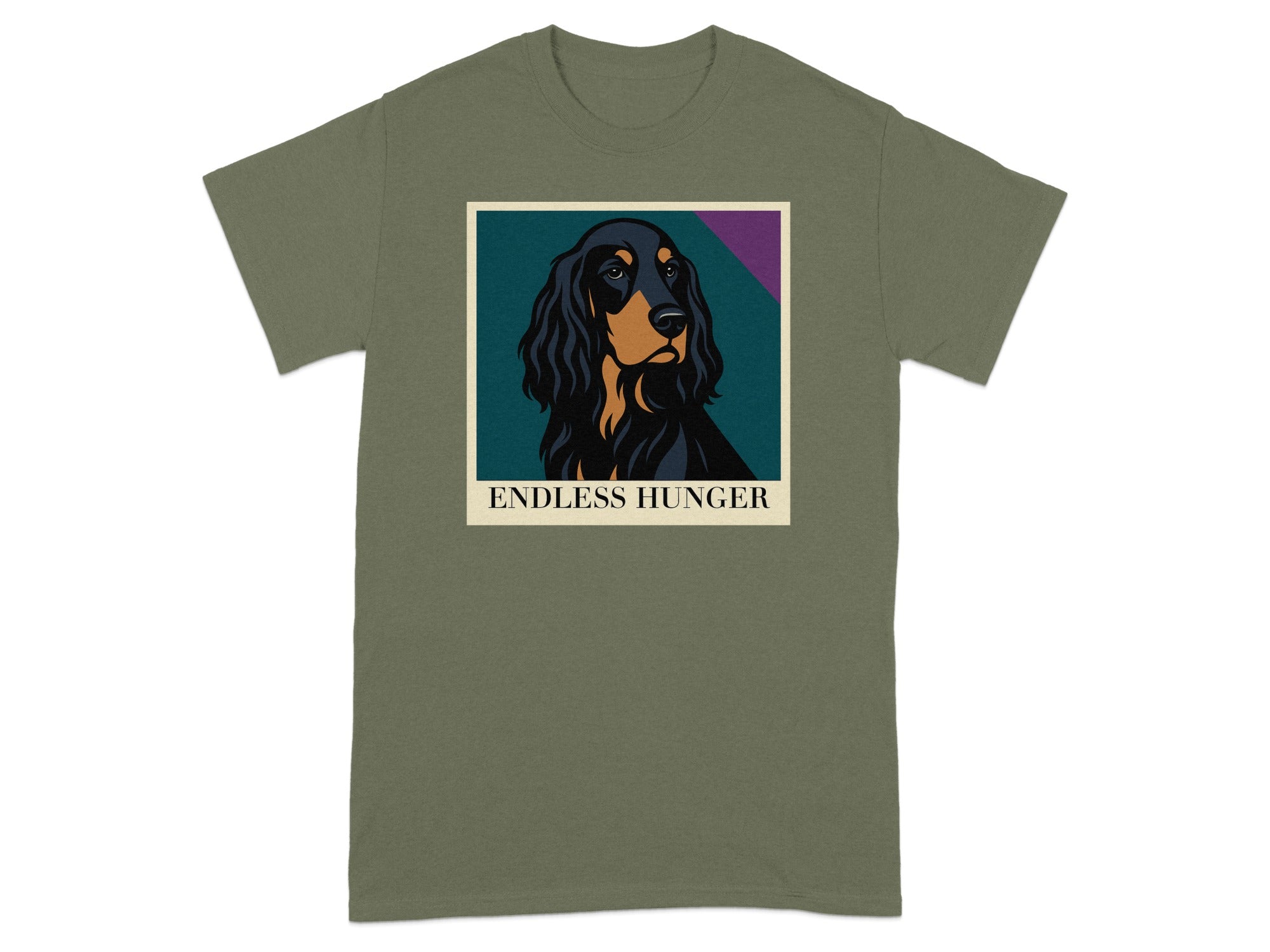 Olive green t-shirt with a stylized dog portrait and text "ENDLESS HUNGER".