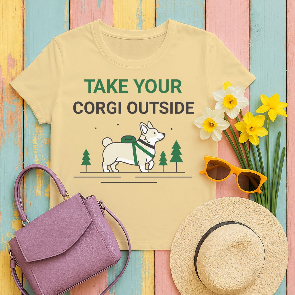 Take Your Corgi Outside Outdoors Adventure Cartoon T-Shirt in Yellow Haze