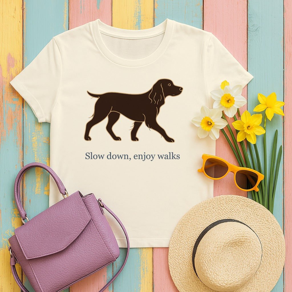 Boykin Spaniel Slow Down Enjoy Walks T-shirt in Natural