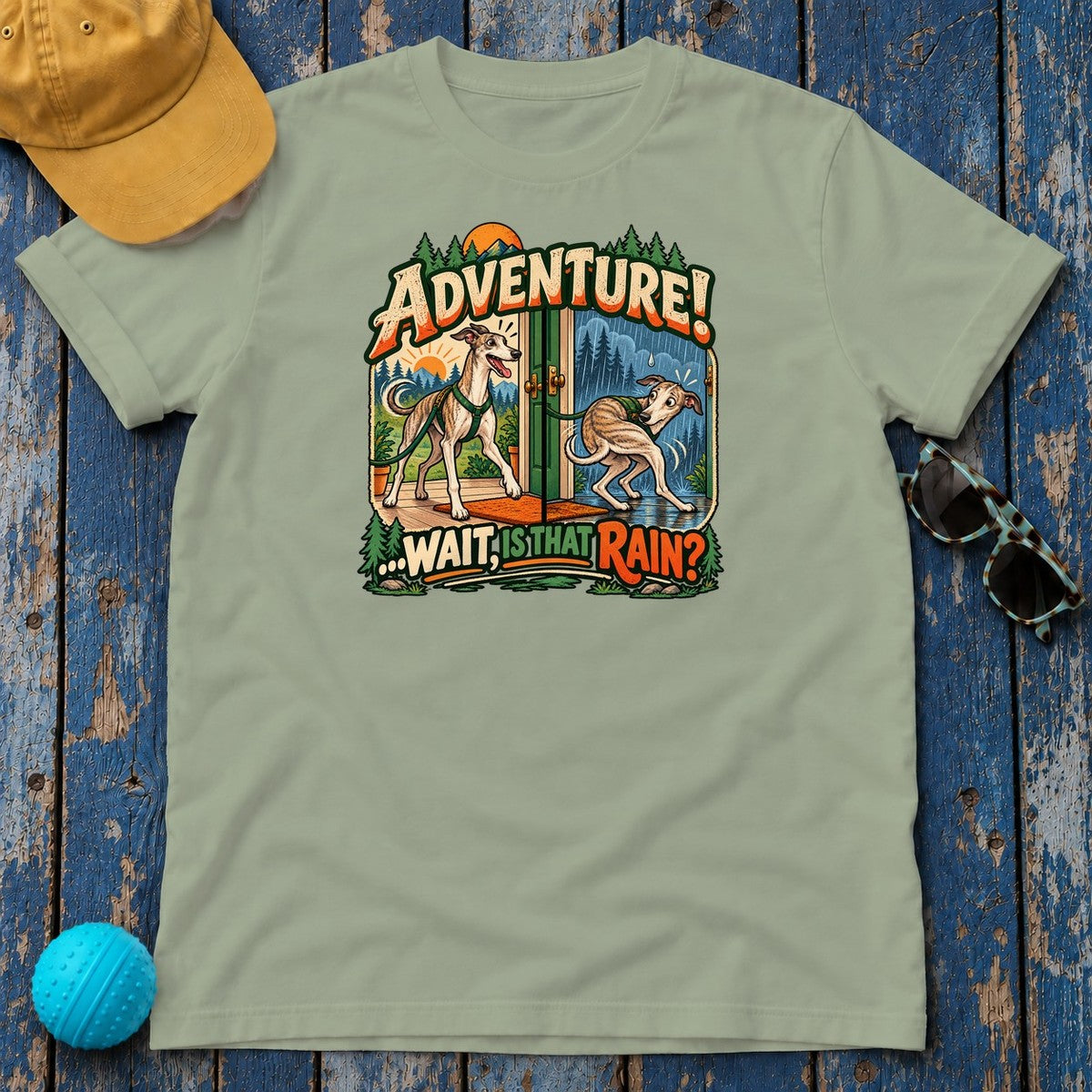 Adventure Wait Is That Rain Greyhound T-Shirt in Sage - flat lay