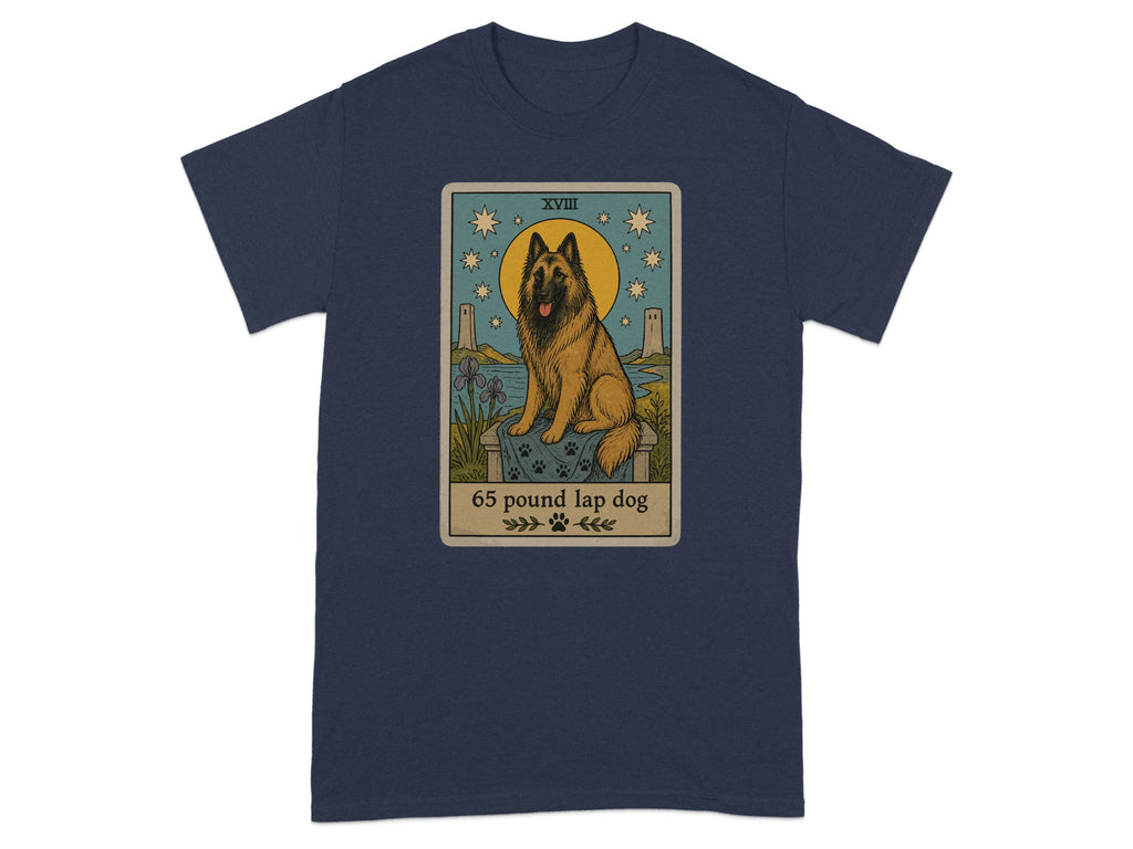 Navy t-shirt with a tarot card design featuring a dog and "65 pound lap dog".