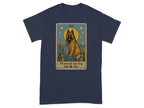 Navy t-shirt with a tarot card design featuring a dog and "65 pound lap dog".