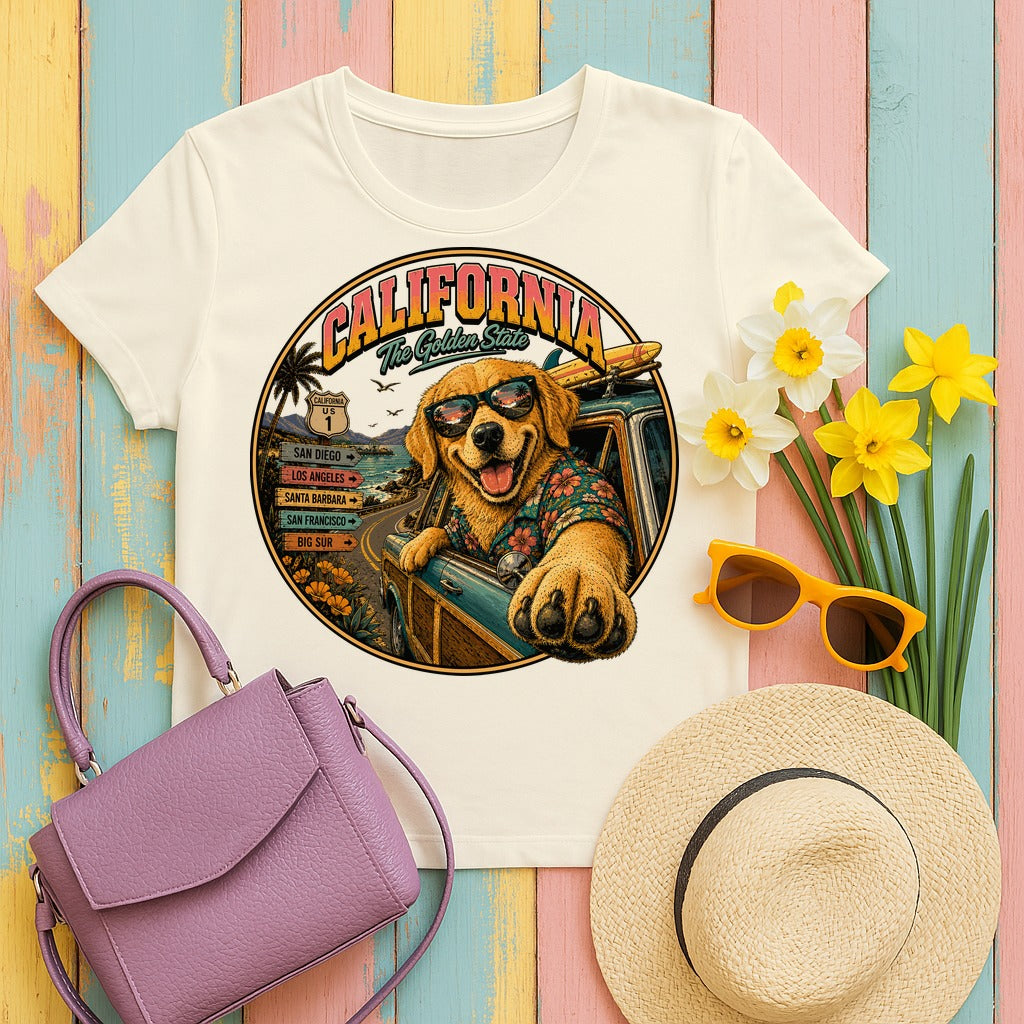 Retro Surf Golden Retriever T-Shirt in Natural