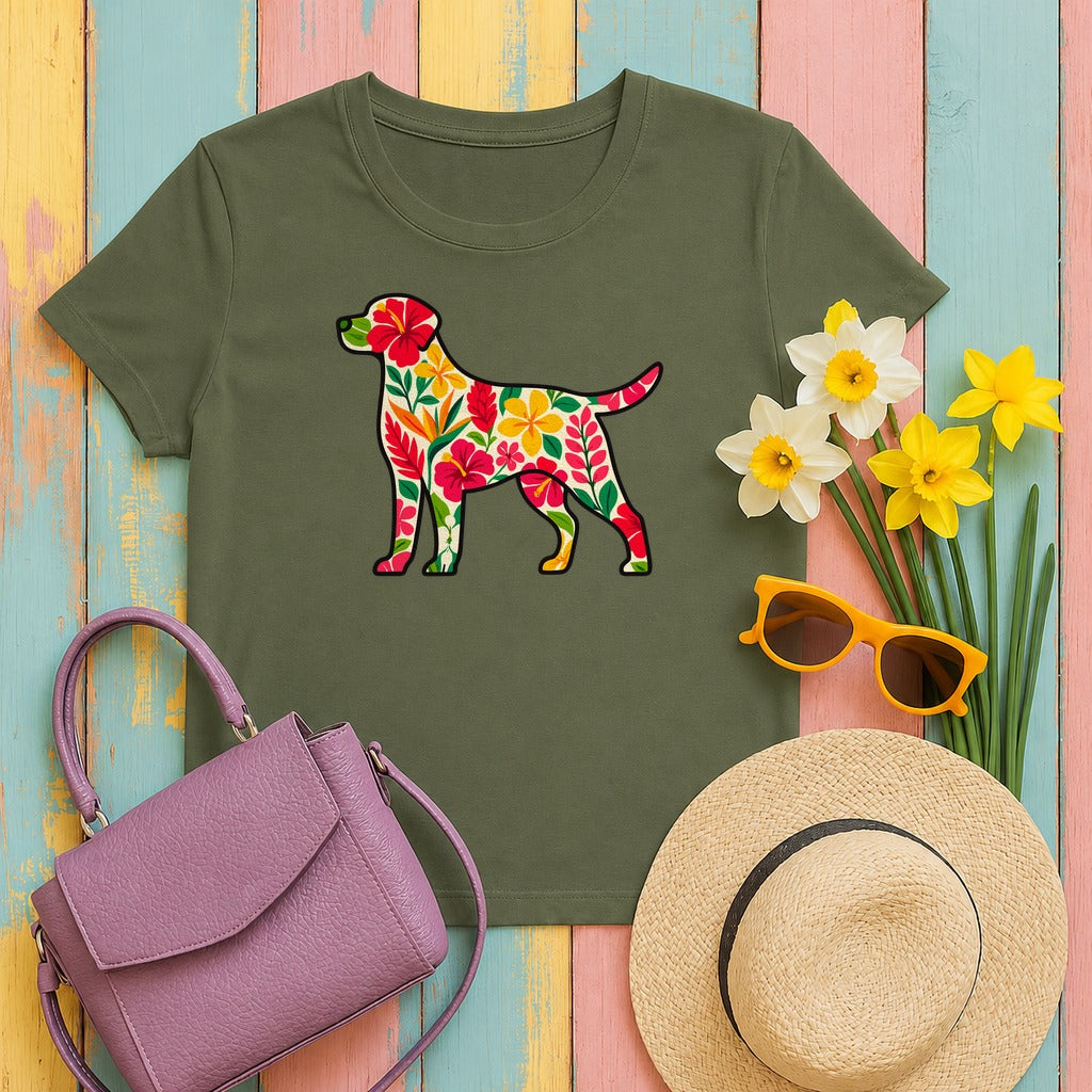 Floral Labrador with Hawaiian Flowers T-Shirt in Military Green