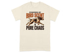 T-shirt with "Powered by Bird Scent & Pure Chaos" text and dog graphic.