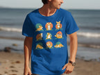 Blue t-shirt featuring a grid of nine illustrations of corgis doing yoga poses or resting.