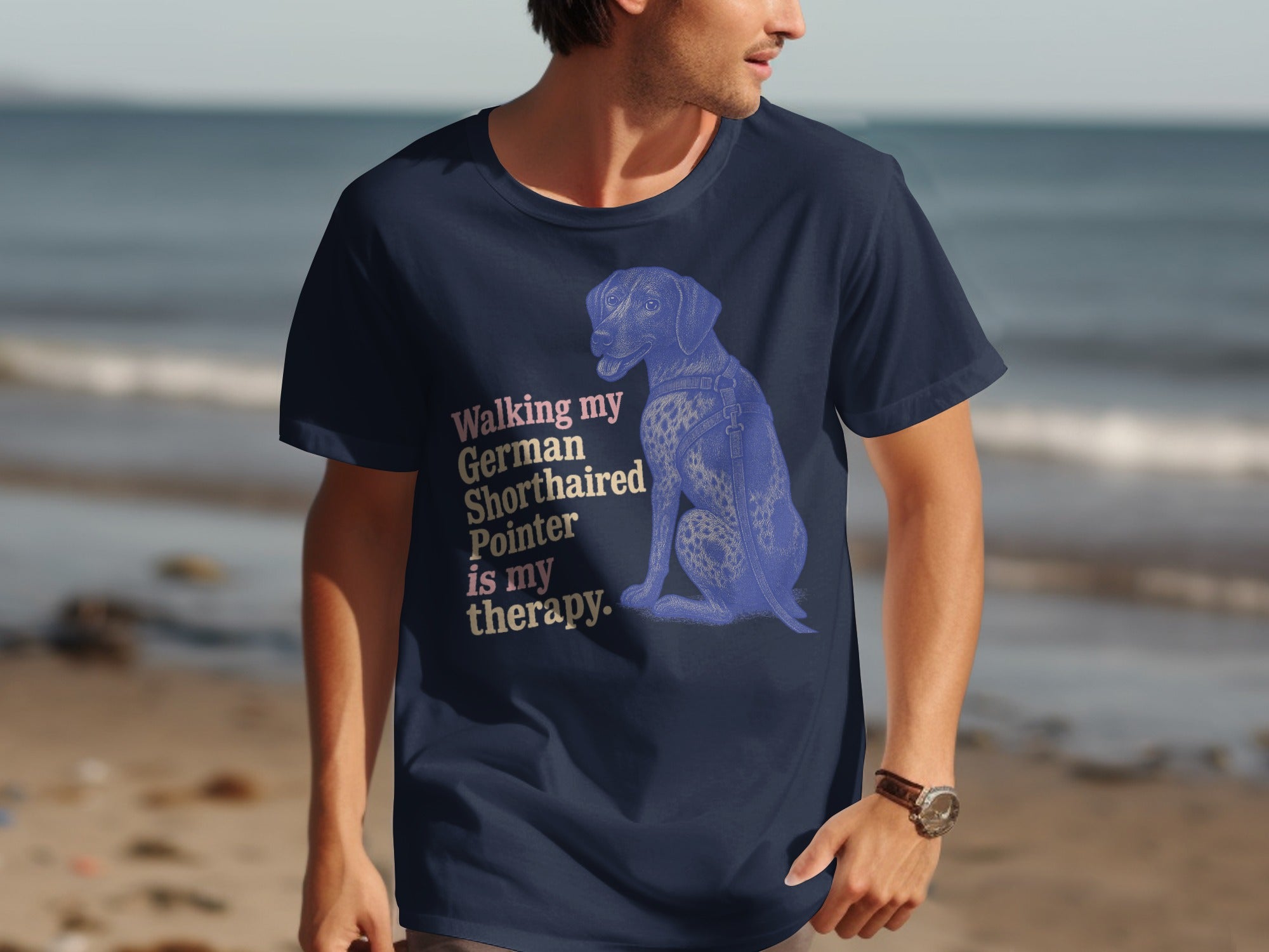 Dark navy t-shirt with a dog illustration and text "Walking my German Shorthaired Pointer is my therapy."