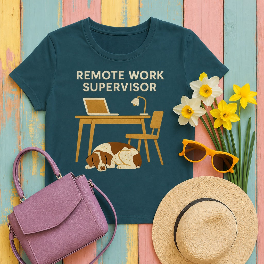 Brittany Spaniel Remote Work Supervisor T-shirt in Heather Deep Teal