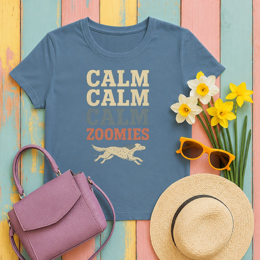 English Setter Calm Calm Calm Zoomies Tee in Steel Blue