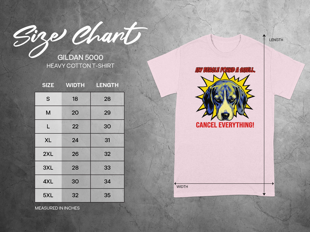 Gildan 5000 size chart with beagle graphic and text "CANCEL EVERYTHING!".