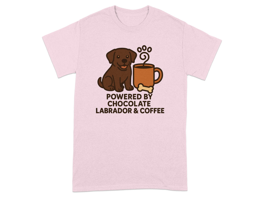 Light pink t-shirt with a cartoon chocolate labrador, coffee cup, and text.