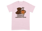 Light pink t-shirt with a cartoon chocolate labrador, coffee cup, and text.