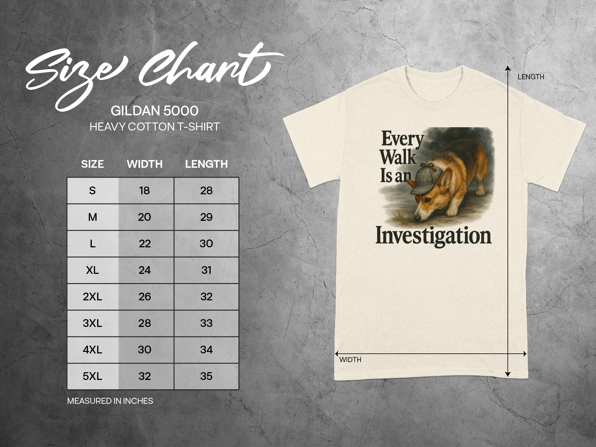 Gildan 5000 Heavy Cotton T-Shirt size chart with dog graphic.