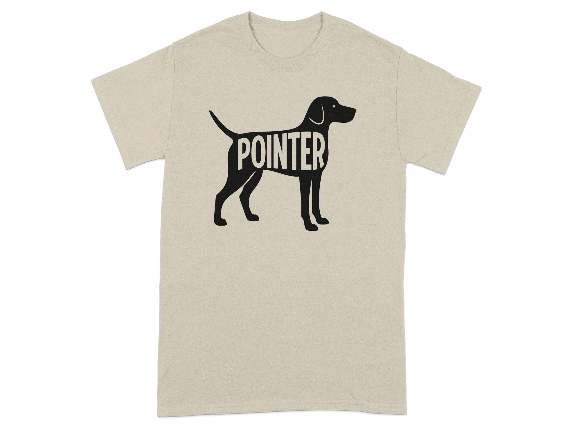 Tan t-shirt with black outline of a pointer dog filled with the word POINTER.