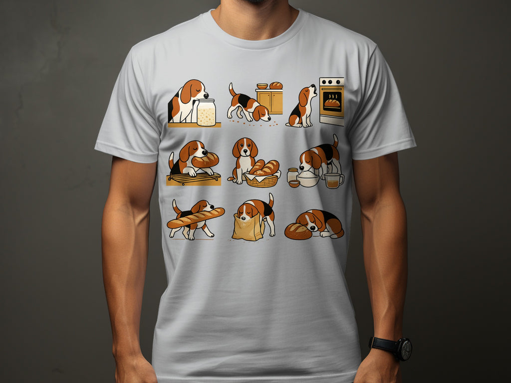 T-shirt with a grid of nine beagle dog illustrations interacting with bread.