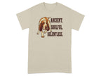 Beige t-shirt with "ANCIENT. SOULFUL. RELENTLESS." text and a dog.