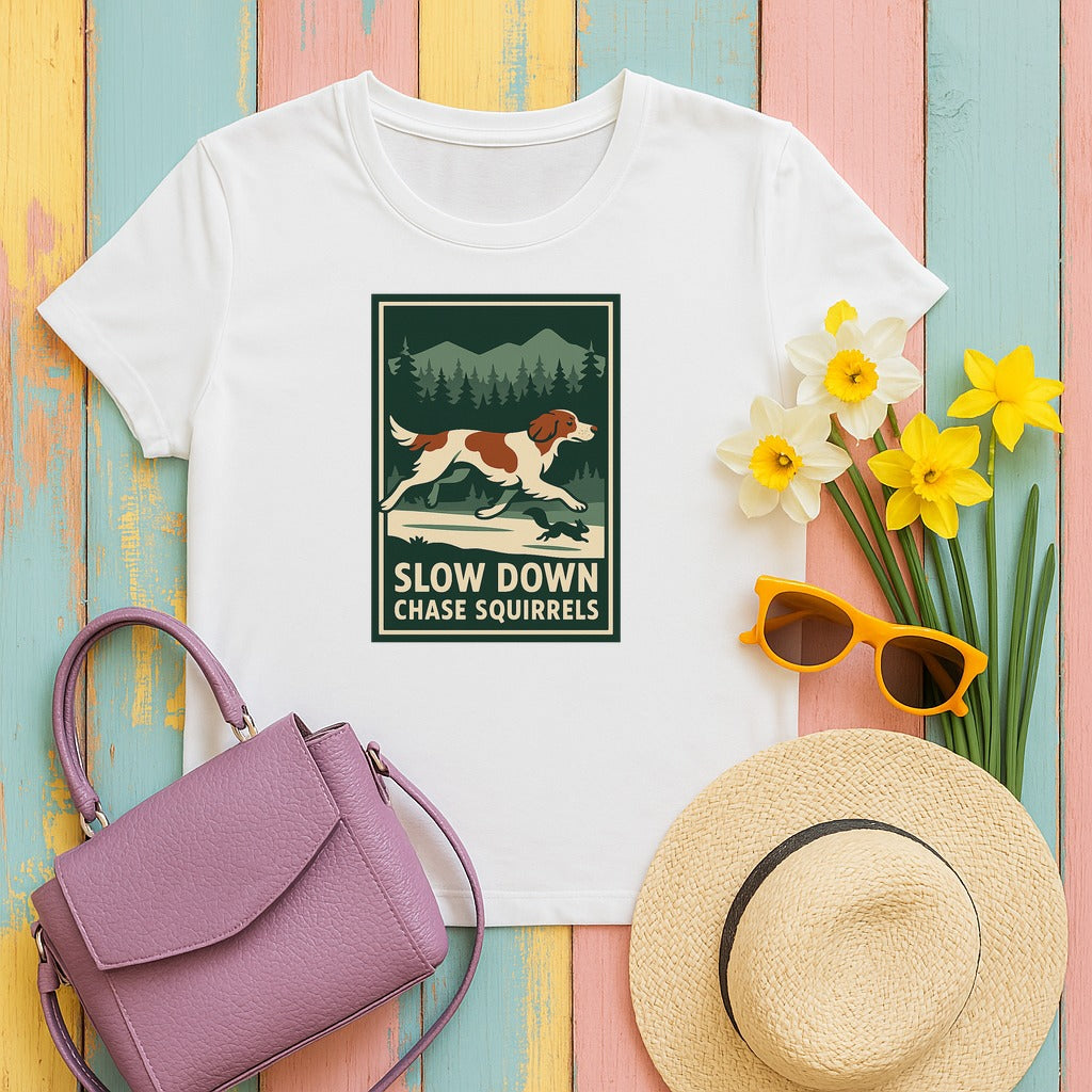 Irish Red and White Setter Slow Down Chase Squirrels Tee in White