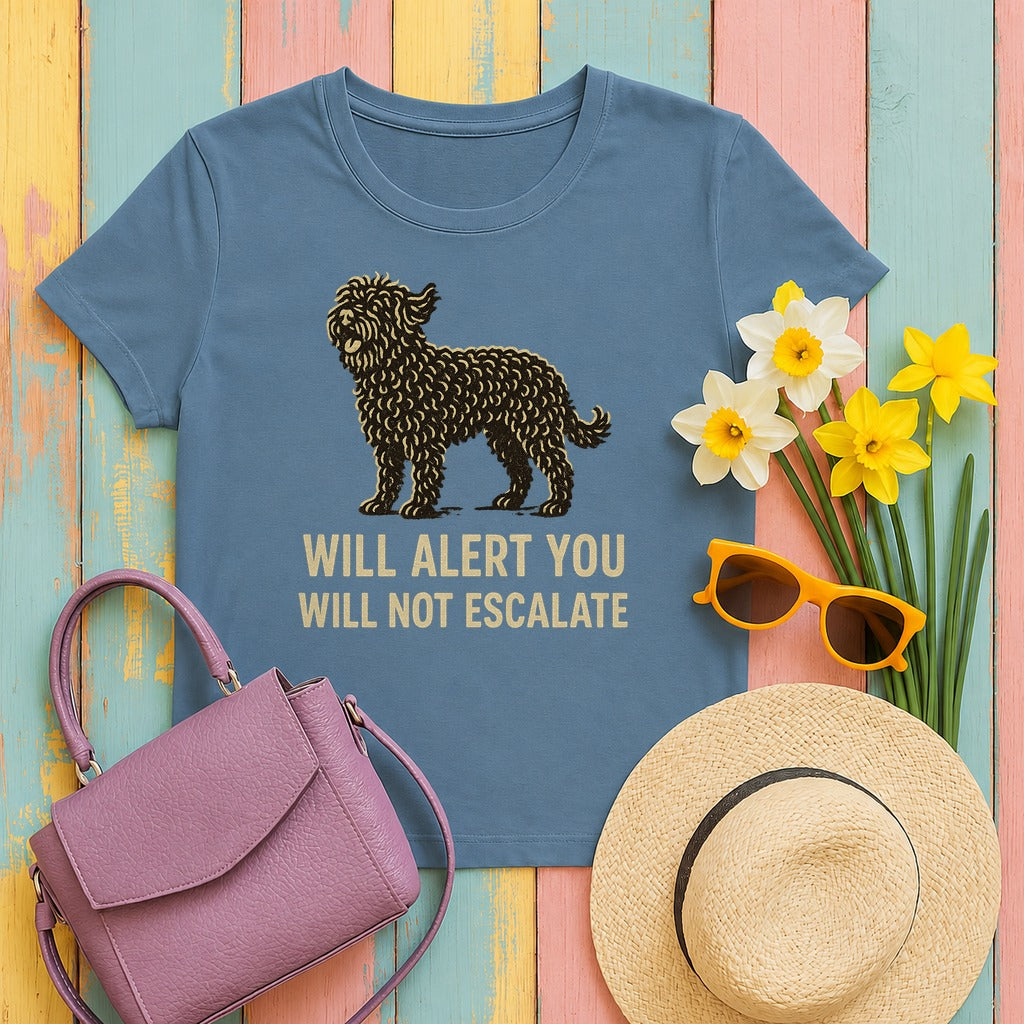 Barbet Will Alert You, Will Not Escalate Tee in Steel Blue