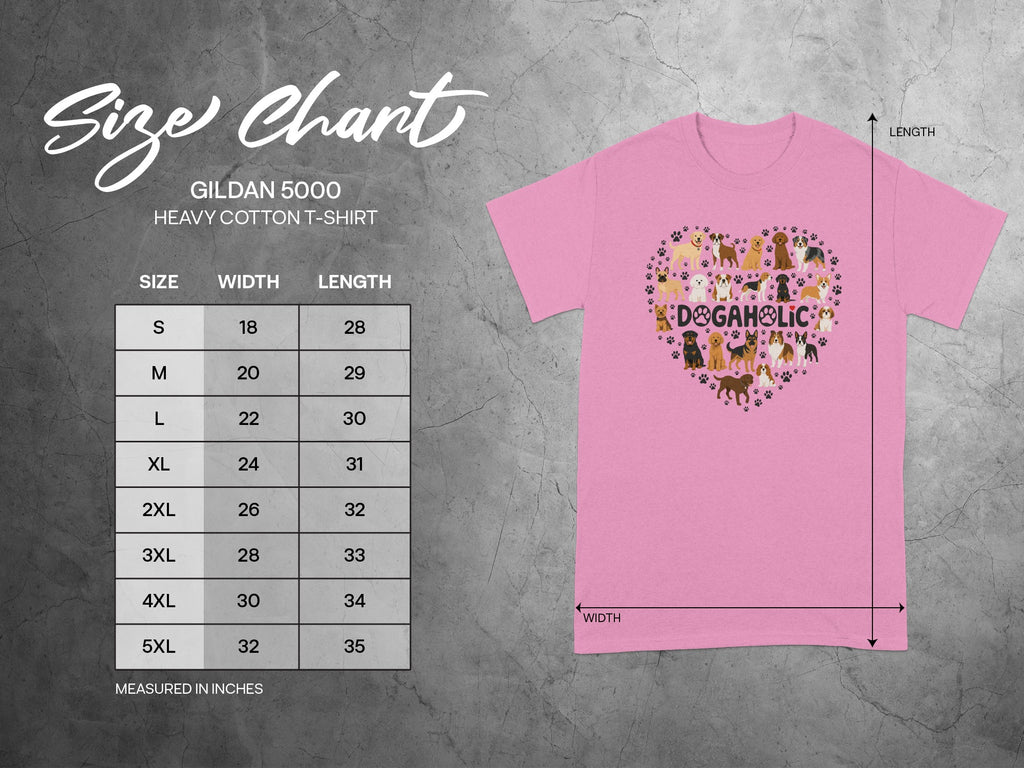 Gildan 5000 Heavy Cotton T-shirt size chart with dog graphic.