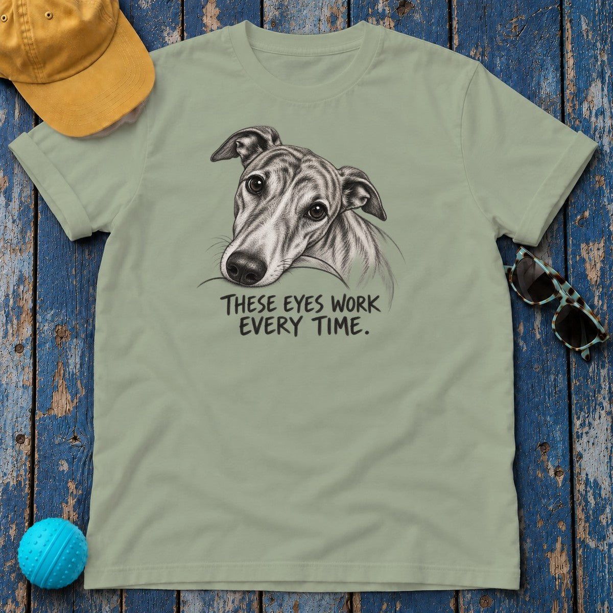 These Eyes Work Every Time Greyhound T-Shirt in Sage - flat lay