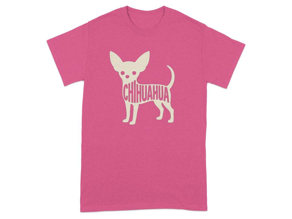 Pink t-shirt with a cream chihuahua silhouette containing the word "CHIHUAHUA".