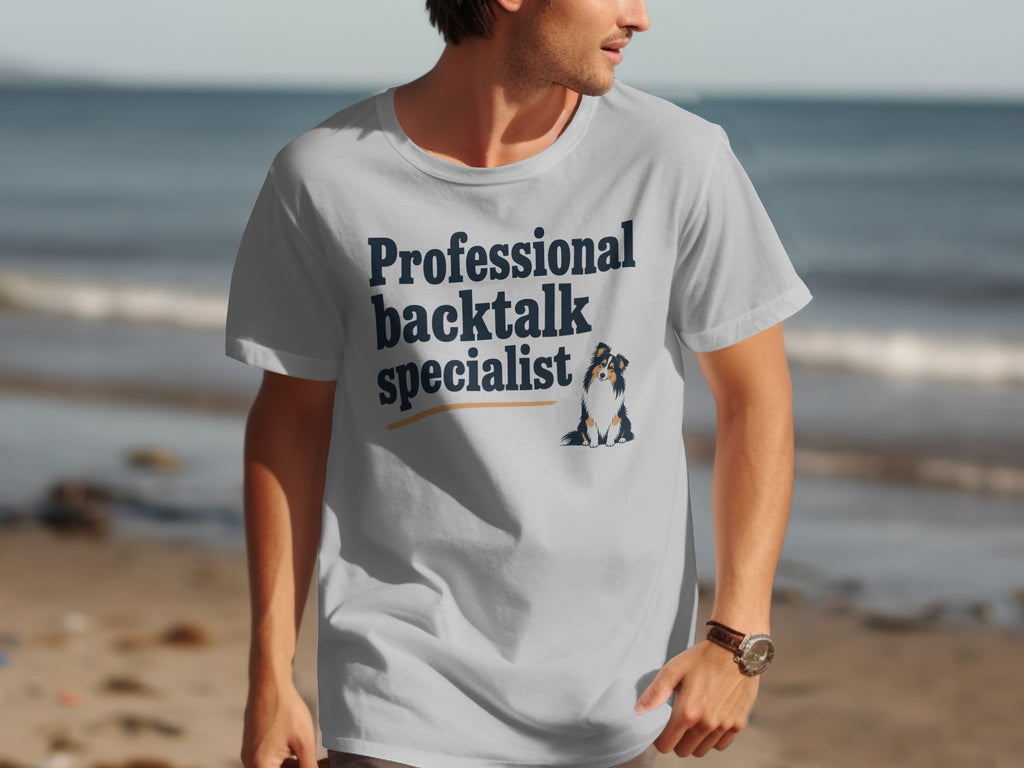 White t-shirt with "Professional backtalk specialist" and a dog graphic.