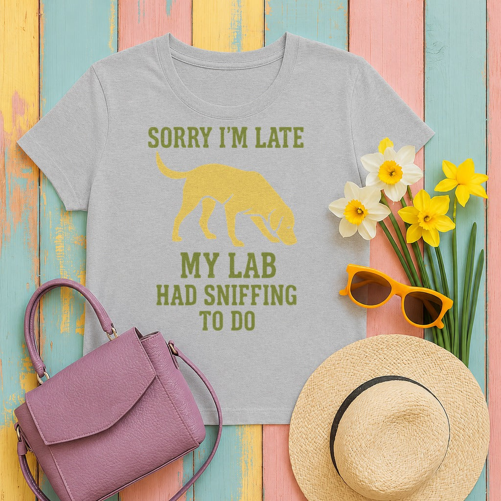 Sorry I am Late Lab Sniffing T-Shirt in Sport Grey