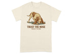 Beige t-shirt with Bracco Italiano dog and text "TRUST THE NOSE".