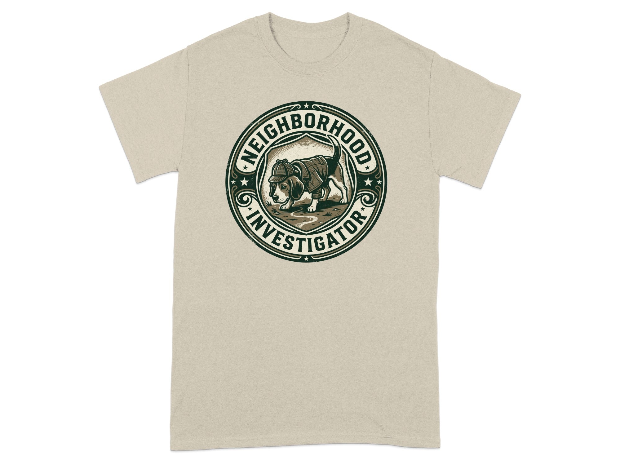 T-shirt with "Neighborhood Investigator" embroidered badge featuring a cartoon dog.