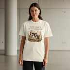 Woman wearing cream t-shirt with German Shorthaired Pointer illustration and text.