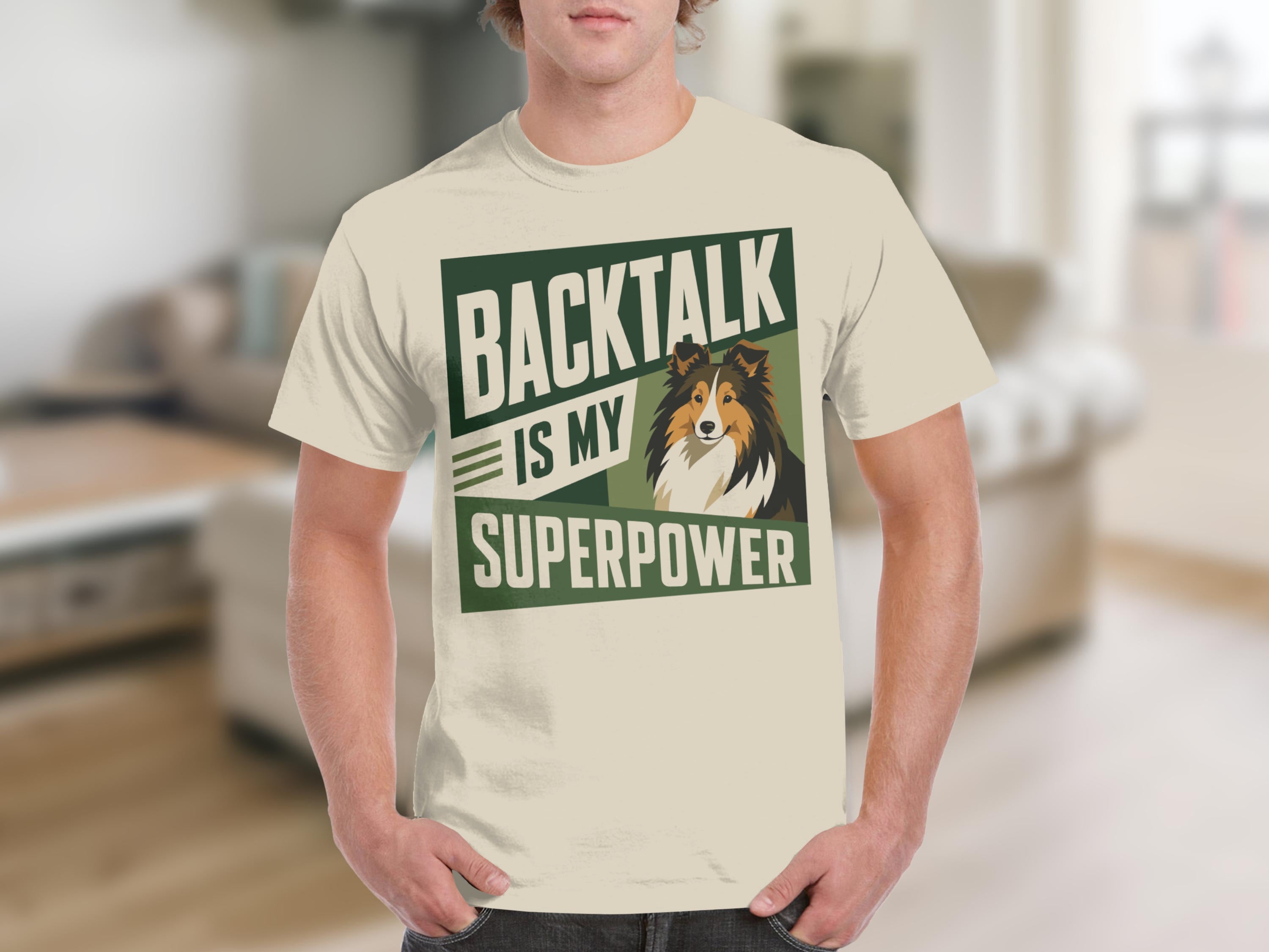 Cream t-shirt with "BACKTALK IS MY SUPERPOWER" text and dog graphic.