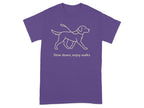 Purple t-shirt with a dog outline and the text "Slow down, enjoy walks."