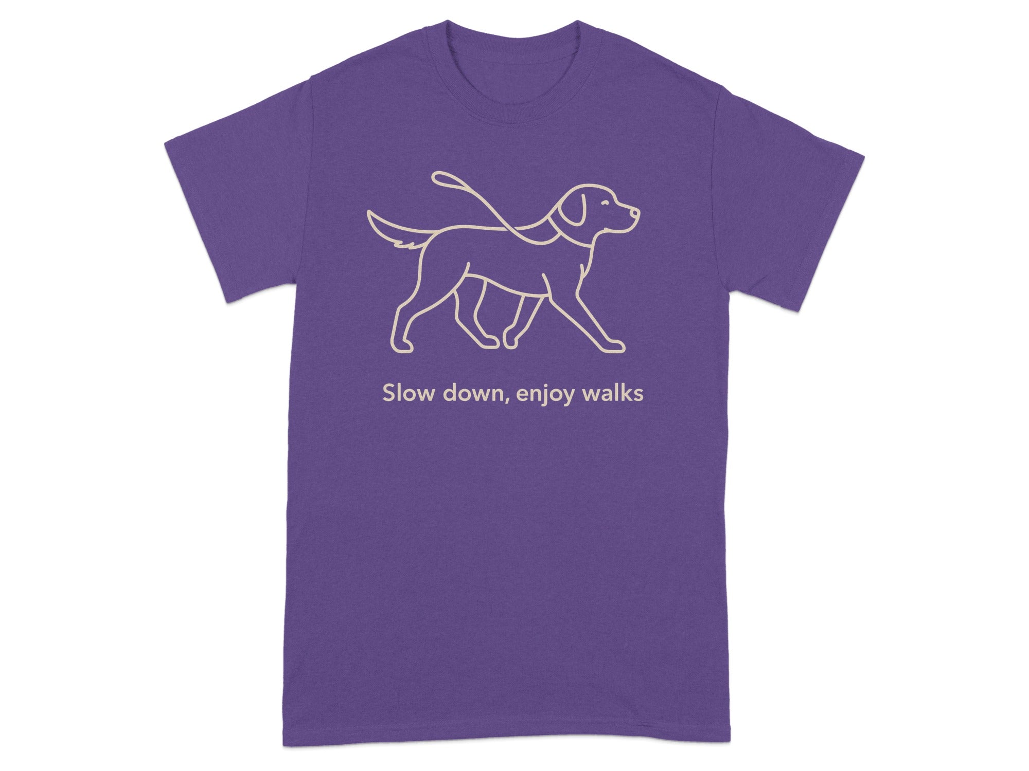 Purple t-shirt with a dog outline and the text "Slow down, enjoy walks."