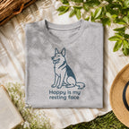 Happy Is My Resting Face German Shepherd tee on a sport grey shirt, folded flat lay