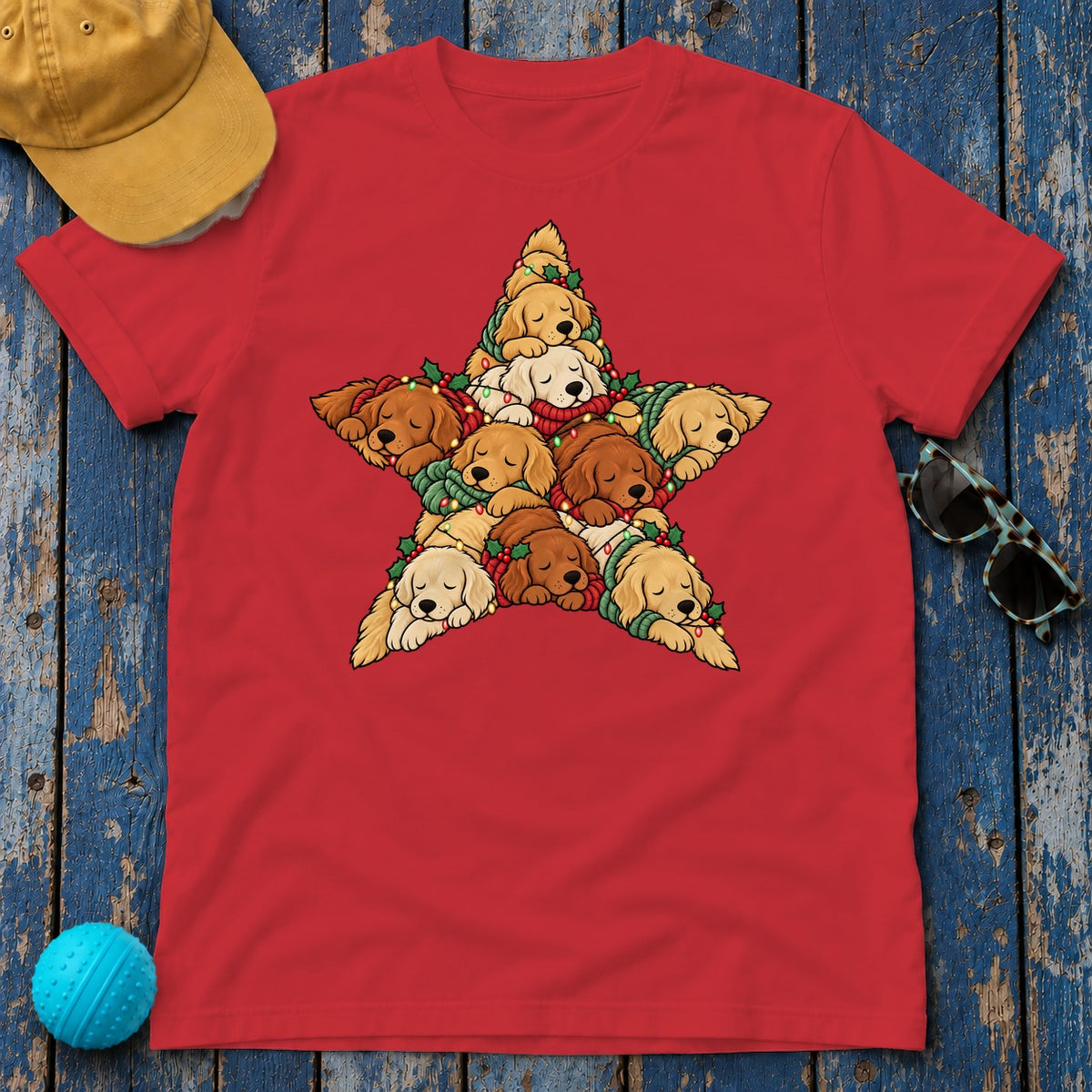 Golden Retriever Christmas Star t-shirt in Red, flat lay