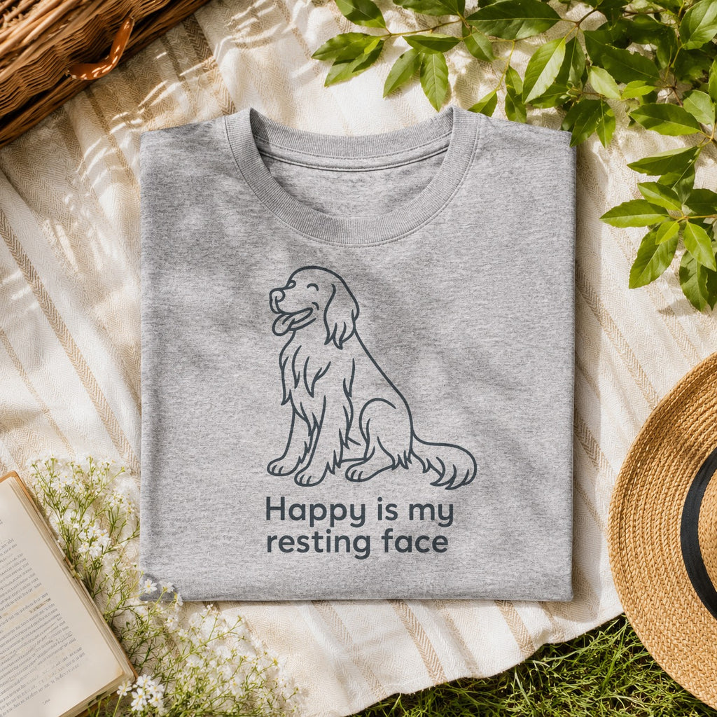 Happy Is My Resting Face Gordon Setter tee on a sport grey shirt, folded flat lay