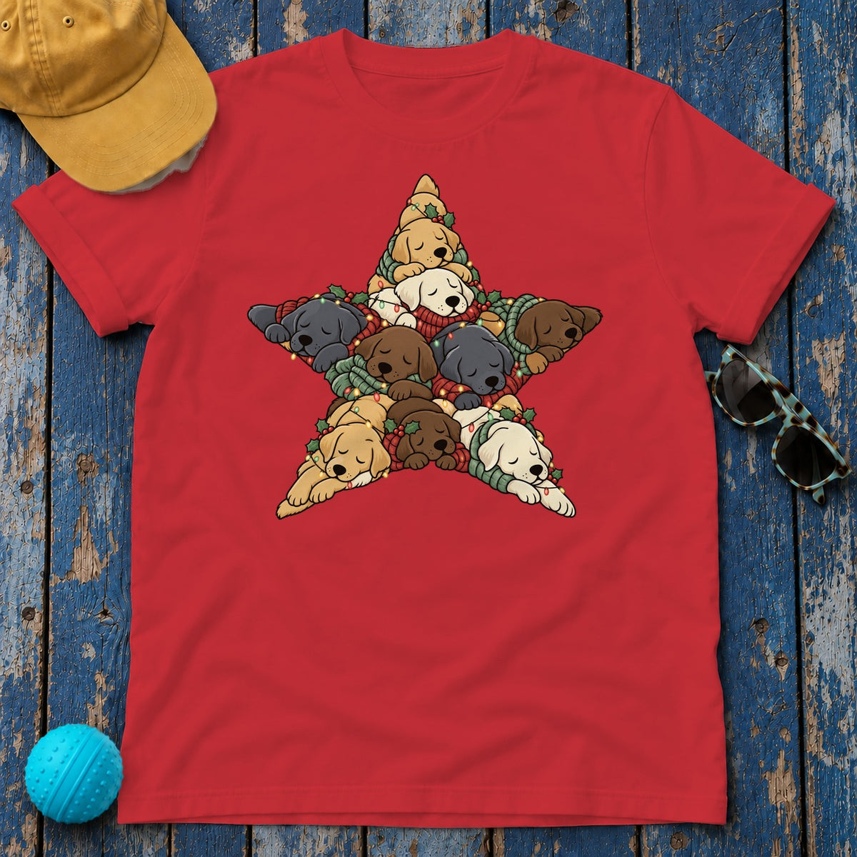 Labrador Retriever Christmas Star t-shirt in Red, flat lay