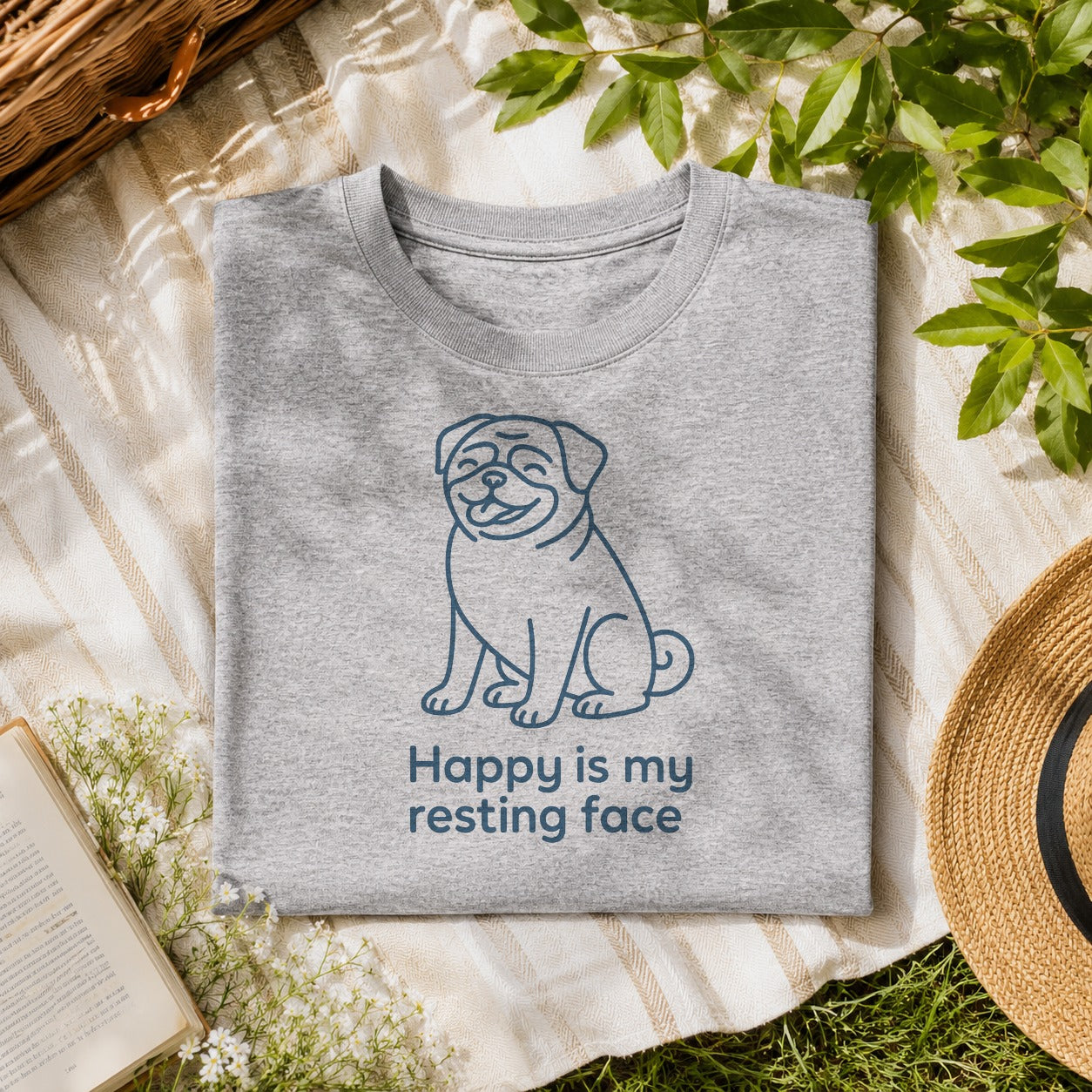 Happy Is My Resting Face Pug tee on a sport grey shirt, folded flat lay