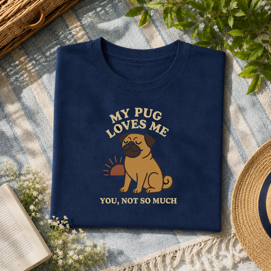 My Pug loves me tee on a navy shirt, folded flat lay